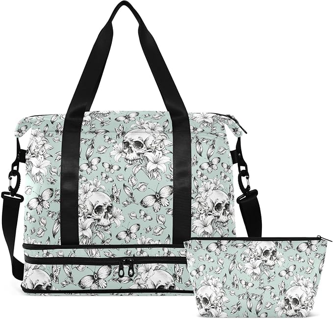 MNSRUU Travel Duffel Tote Bag Vintage Goth Skull Sports Duffel Bag with Wet Pocket Weekender Overnight Bag for Women Men Gym Bag, Carry On Bag Hospital Bag for Labor & Delivery by MNSRUU