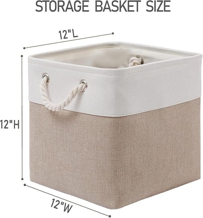 MidmmVick 12 x 12 Inch Cube Storage Bins, 6 Pack Large Collapsible Fabric Storage Bin with Ropes, Foldable Storage Cubes for Home, Office,Closet, Clothes, Toys Organizer (White & Beige) - Image 4