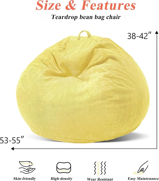 5FT Bean Bag Chair for Adults,Gaint Teardrop Beanbag with Filler | Beanbag Chair with Memory Foam Filled,Bean Bags with Handy Handle&Machine Washable Cover for Living Room,Bedroom-Yellow - Image 2