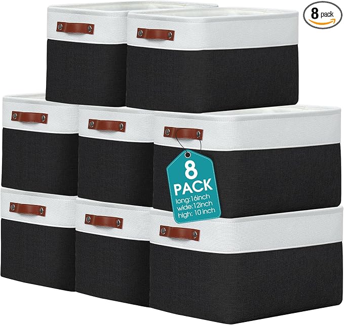 Uiifan 8 Pack 16 x 12 x 10 Inch Large Storage Baskets Collapsible Fabric Storage Cubes Bins with Handles for Shelves Closets Nursery Home Clothes Toys Organizers, Black by Uiifan