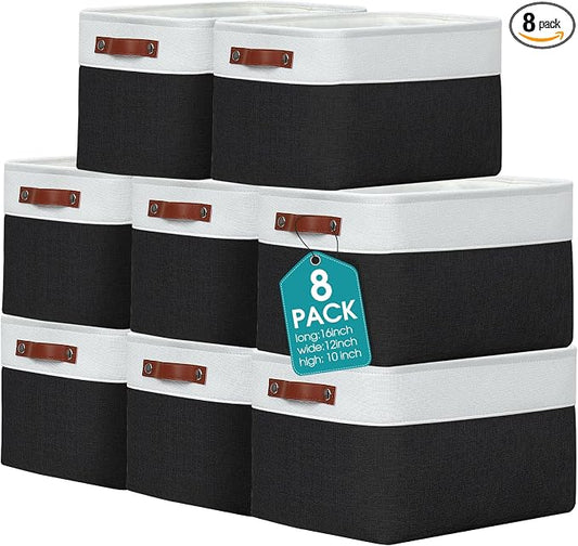 Uiifan 8 Pack 16 x 12 x 10 Inch Large Storage Baskets Collapsible Fabric Storage Cubes Bins with Handles for Shelves Closets Nursery Home Clothes Toys Organizers, Black by Uiifan