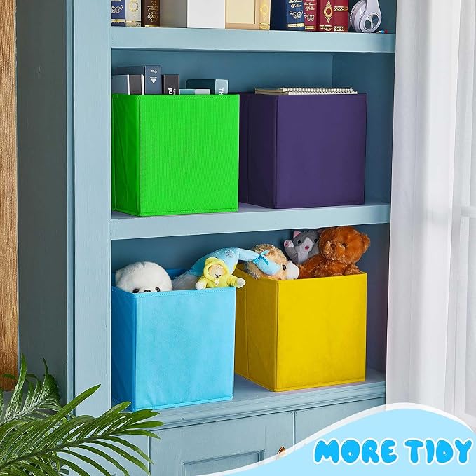 Yinder 12 Pcs Cube Storage Bin 10.5''x10.5''x11'' Storage Bins for Playroom Decor Colorful Bins for Kids Foldable Baskets for Nursery Organizer Boxes Fabric Boxes (Sky Blue, Green, Yellow, Dark Blue) - Image 6