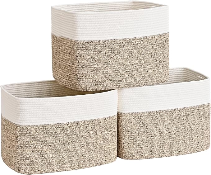 3 Pack Cube Storage Bin, 17”x12”x12” Cotton Rope Woven Baskets for Organizing Toys Clothes Towels, Square Gift Storage Baskets for Shelves, Nursery, Closet, Bathroom, Pantry (White & Jute) by Degeyoyo