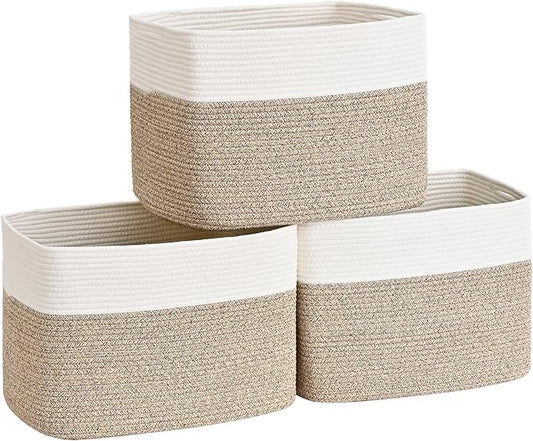 3 Pack Cube Storage Bin, 17”x12”x12” Cotton Rope Woven Baskets for Organizing Toys Clothes Towels, Square Gift Storage Baskets for Shelves, Nursery, Closet, Bathroom, Pantry (White & Jute) by Degeyoyo