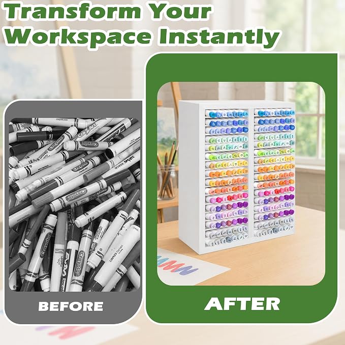 PROLEE Marker Organizer for 224 Markers, Wooden Alcohol Marker Holder with 32 Compartments, Horizontal Art Pen and Pencil Storage Rack for Desk, Classroom and Studio, White - Image 5
