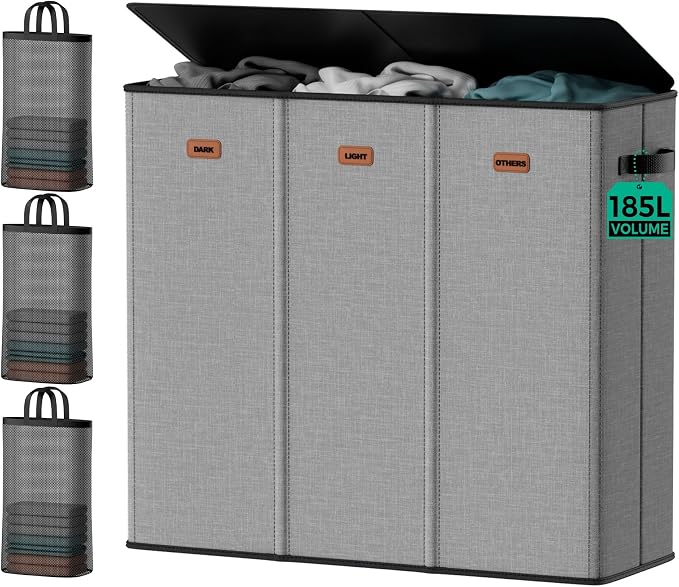 185L Laundry Hamper 3 Section with Lid & Removable Bags | Collapsible laundry basket organizer for laundry room, bedroom & dorm with 3 removable washing bags by MECINFUL