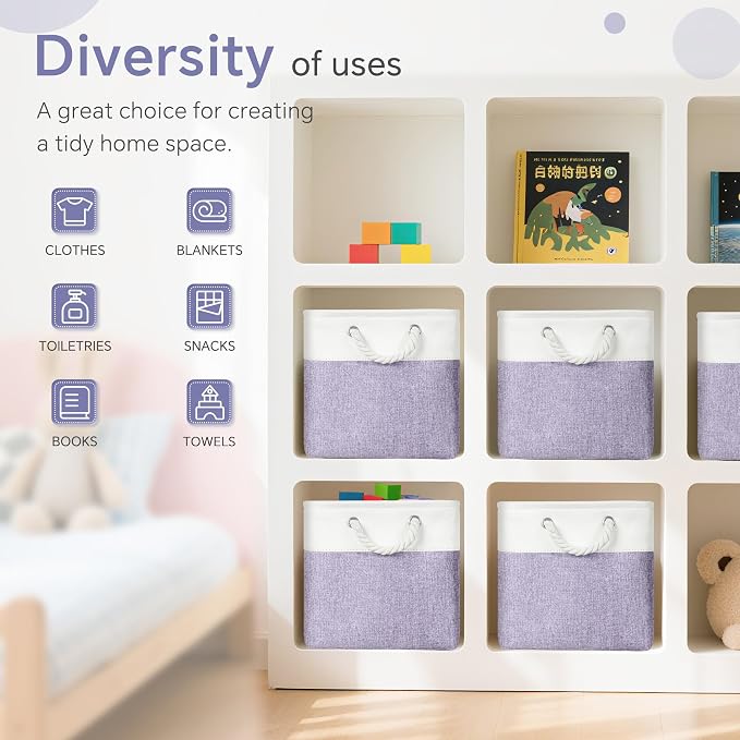 FinishingBo 11 inch Cube Storage Bin with Handles 6 Pack | Foldable Basket, Fabric Storage Bins, Closet Storage, Home Organizer (White/Purple) - Image 7
