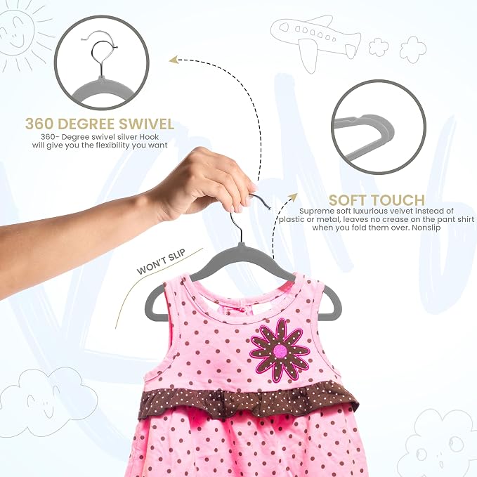 Utopia Home Kids Velvet Hanger 50 Pack – 11" Premium Baby Hangers - Grey | Premium Non-Slip Baby Hangers for Baby and Toddlers, Durable Ultra-Slim Space-Saving Closet Organizers - Image 4