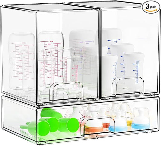 3 Set Clear Baby Bottle Organizer for Countertop,BPA FREE Bottle Station Organizer for Breast Pump Parts,Pacifier and Baby Accessories,Stackable Drawers for Bathroom,Cabinet,Pantry Organization by Yieach