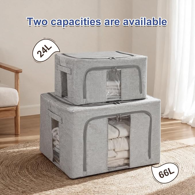 3 Pack Clothes Storage Bins with Metal Frame,Foldable Storage Bin with Lid for Clothes,Stackable Cotton Linen Fabric Organizer Set with Carrying Handles and Clear Window(Grey, 66L) - Image 7