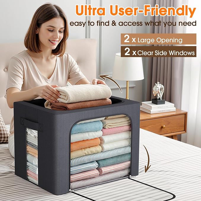 Metal Frame Clothes Storage Bins, Light Grey, 40L, 4 Pack | Foldable Storage Boxes with Clear Window, Front & Top Zipper Openings, Stackable Organizer with Handles for Closet & Bedroom - Image 6