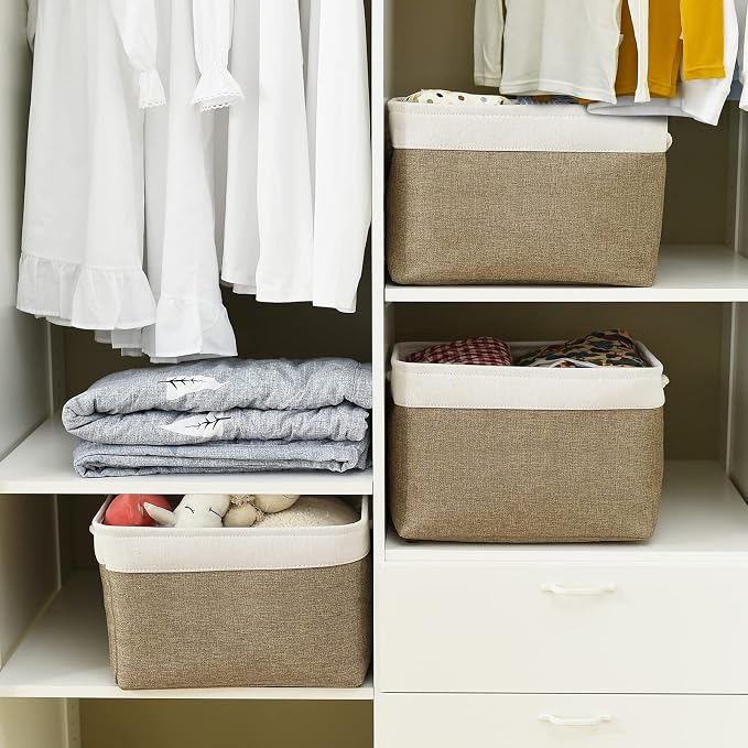 Organization and Storage Basket for Gifts Empty - 16x12x12 inch Cube Storage bin 3 Pack Fabric Storage Cubes, Collapsible Baskets for Organizer Closet Cloth Gift Toy (White & Khaki) - Image 3