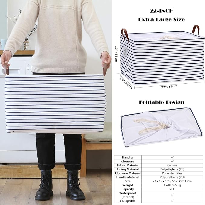 Hinwo 70L Extra Large Canvas Storage Bin with Lid and Handles, 6-Pack | Collapsible Fabric Baskets, Closet Shelf Organizers, Containers for Clothing, Blankets, Toys, Bedding (Gold Stripe) - Image 5
