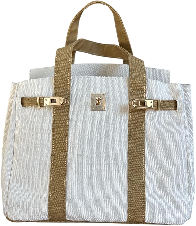 Canvas Tote, 8 Pockets, Distressed Finish, Structured Silhouette(Cream/Beige) by Unknown