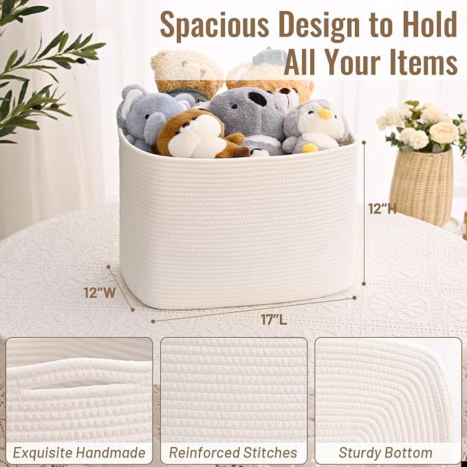 3 Pack Cube Storage Bin, 17”x12”x12” Cotton Rope Woven Baskets for Organizing Toys Clothes Towels, Square Gift Storage Baskets for Shelves, Nursery, Closet, Bathroom, Pantry (White) - Image 4