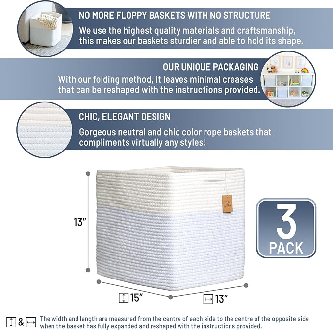 NaturalCozy 13x15x13 Kallax Storage Cubes Bins, 3 Pack | Cotton Rope Cube Storage Bin Woven Baskets for Organizing | Kallax Insert Storage Baskets for Shelves Organizer, Kids Toy, Closet Baby Nursery - Image 2
