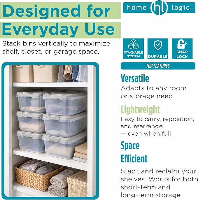 Home Logic 15 Qt Latched Storage Bin with Lid, Stackable Plastic Storage Container, Organizer for Home, Office & Classroom, 8 Pack, Gray - Image 5