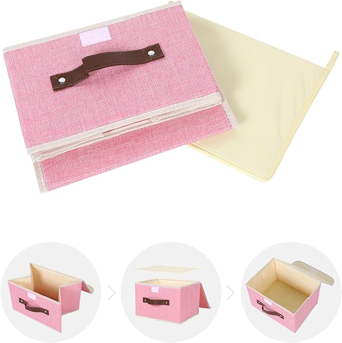 ANMINY Fabric Storage Box Bins with Lids, Pink, 10"x8"x7", 2 Pack | Keepsake Memory Storage, Cotton Linen, PP Board Reinforced, Washable, PU Handles, Foldable & Stackable, Decorative, Small - Image 7