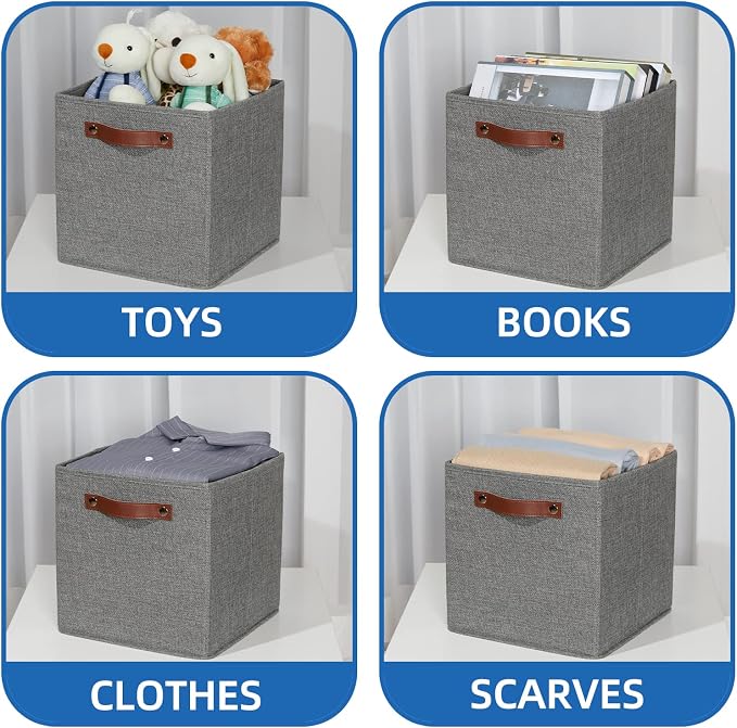 Temary 11 Inch Cube Storage Bins 4PCs Fabric Storage Cubes Storage Baskets Organizer with Handles, Foldable Baskets for Organizing Clothes, Toys, Towels (Grey, 11x11x11) - Image 4