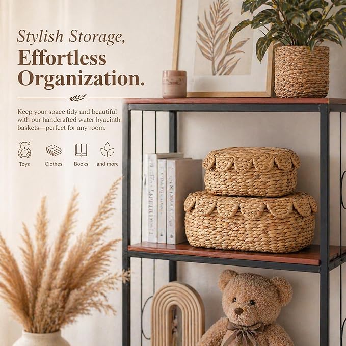 LUSYDECO Set of 2 Wicker Storage Baskets with Lid, Rattan Basket Decorative Boxes, Woven Storage Box Hyacinth Basket with Lids, Small Scalloped Edge Wicker Baskets with Lids - Image 2
