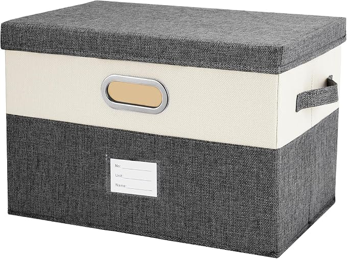 Large Linen Fabric Foldable Storage Bins with Removable Lid and Handles, Washable Storage Box Organizer Containers Baskets Cube with Cover for Bedroom,Closet,Office,Nursery(Grey&Cream, Large) by Unknown