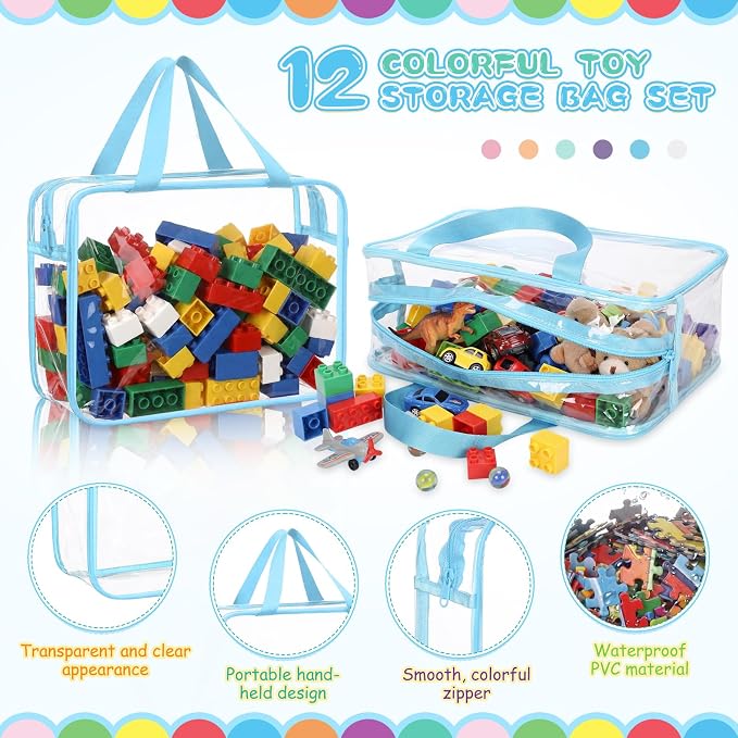 Shinylin 12 Packs Large Toy Storage Bags with Labels Clear PVC Toy Organizer with Zipper Colorful Classroom Storage Reusable Waterproof Organizer for Playroom School Blocks Game (Pastel Color) - Image 3