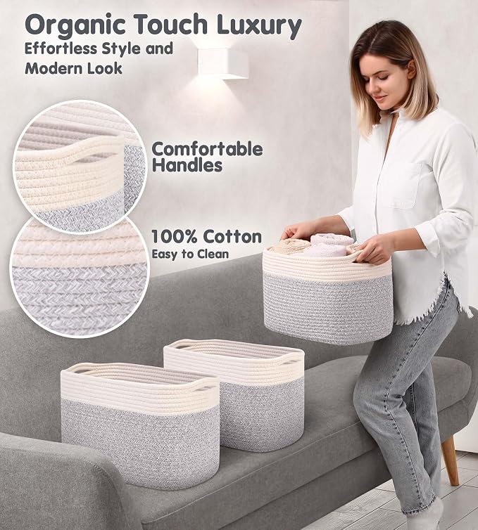 CHAT BLANC Cotton Rope Baskets for Organizing | Storage Baskets for Shelves | Rope Basket for Storage, Small Laundry Baskets, Woven Baskets for Storage, Dog Toy Bin, Baby Basket,Off White &Gray 3 Pack - Image 3