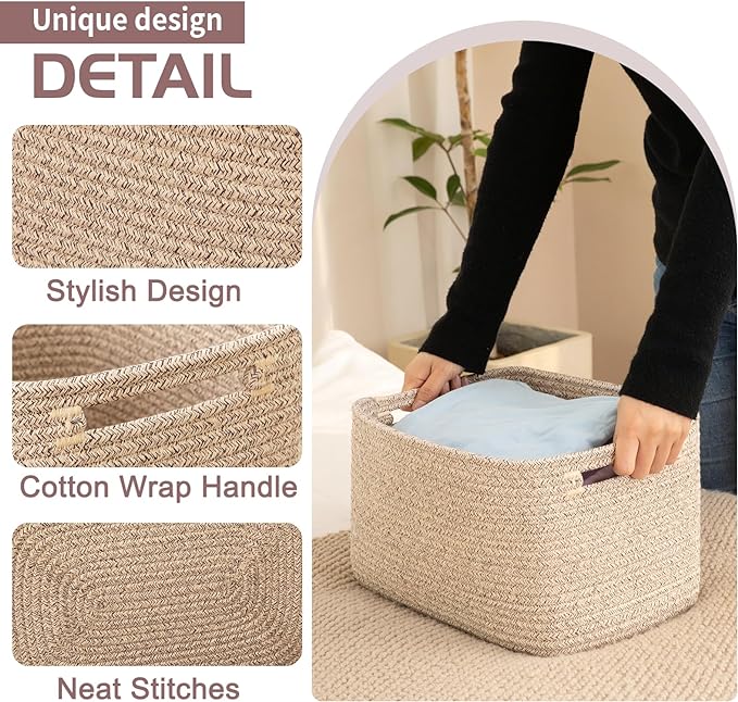 OIAHOMY 4 Pack Storage Baskets for Organizing 24L Cube Storage Bins Brown | Woven Baskets for Storage Rectangle Small Baskets With Handles Baskets for Shelves Wicker Baskets for Shelves 16x12x8inch - Image 3