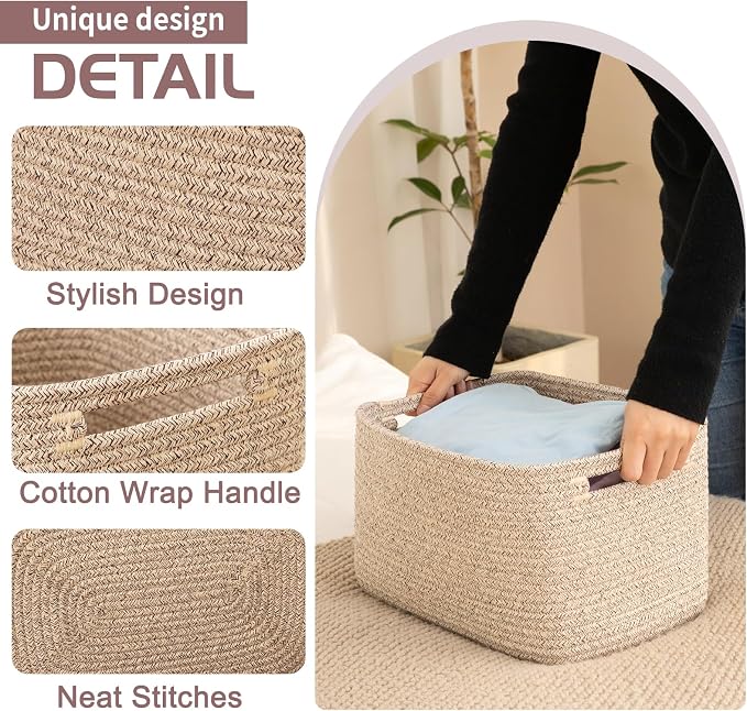 OIAHOMY 4 Pack Storage Baskets for Organizing, Cube Storage Bins for Shelves, Rectangle Storage Baskets With Handles, Woven Baskets for Storage, 12.7''Lx9''Wx7.8''H, Mixed Brown - Image 3