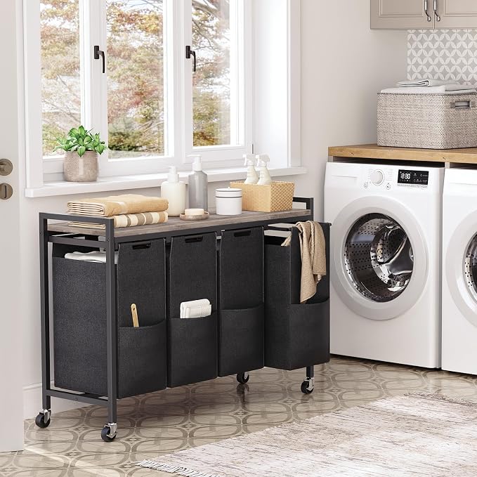 HOOBRO Laundry Sorter 4 Sections, Laundry Hamper with Wheels, 4 × 10.5 Gal (39.8L), Rolling Laundry Basket, Pull-Out and Removable Oxford Fabric Bags, Greige and Black BG04XY01 - Image 2