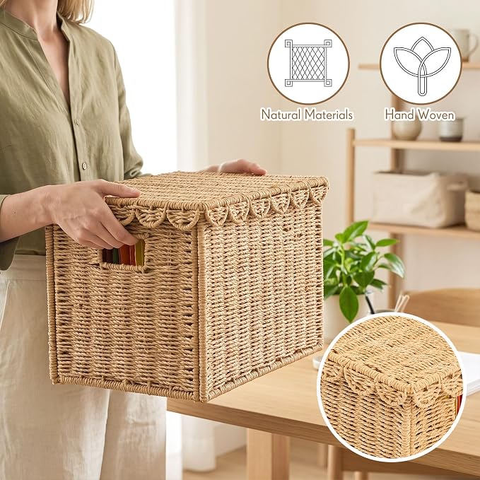 Jingmore File Organizer Box with Scalloped Lid, Paper Rope, Dark Brown | Portable Storage Box Collapsible Letter Hanging Filing Organizer Basket for Office/home, Woven Wicker Decorative Document Box - Image 6