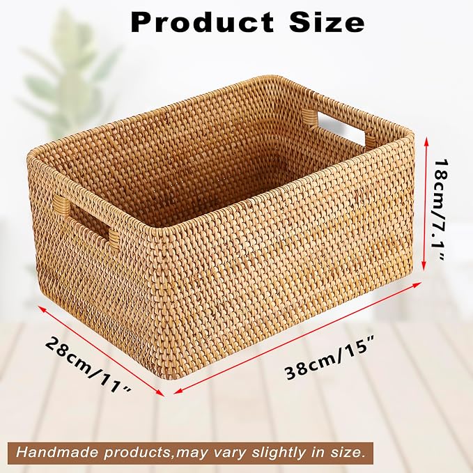 Hipiwe Rattan Wicker Storage Basket for Shelf Organizer, Large 15"x11"x7.1" | Handwoven Decorative Basket Bin with Build-in Handles, Natural Rectanguar Wardrobe Home Organizer - Image 3