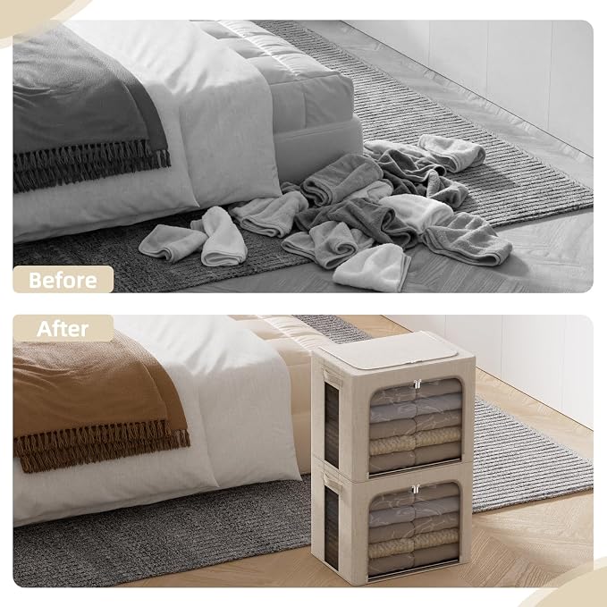 FHSQX 2 Pack Clear Window Storage Bins - Large Stackable Linen Fabric Storage for Clothes Foldable Container Organizer Set with Carrying Handles (Beige, 16.5x 12.2x 12.2Inch) - Image 5