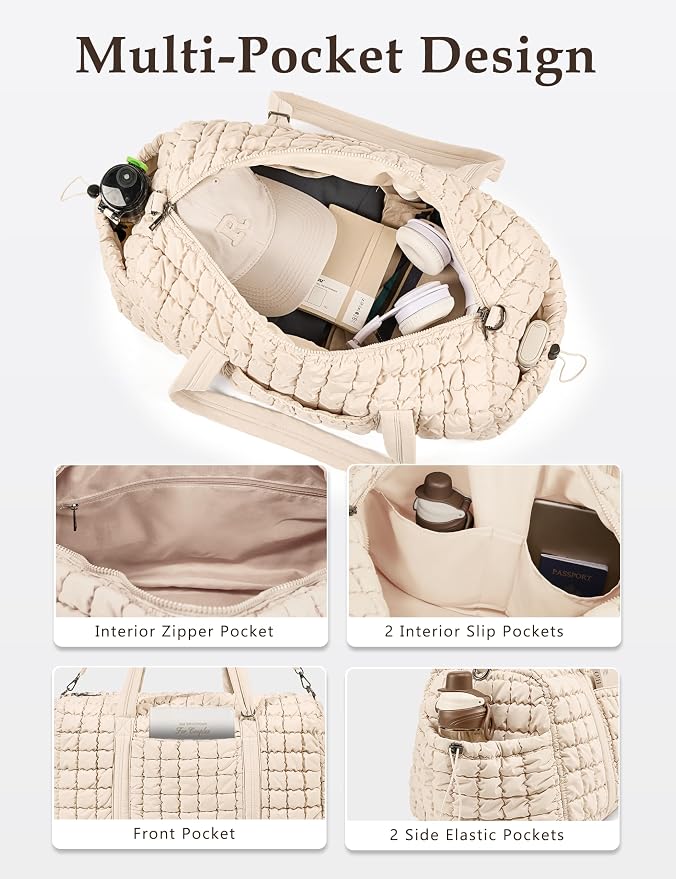Quilted Travel Duffle Bag Puffer Weekender Bag Overnight Bag Duffel Gym Bag | Medium Soft Puffy Carry-On for Women, Large Lightweight Personal Item Travel Bag for Trips Business Sport Airplane Hospital - Image 4