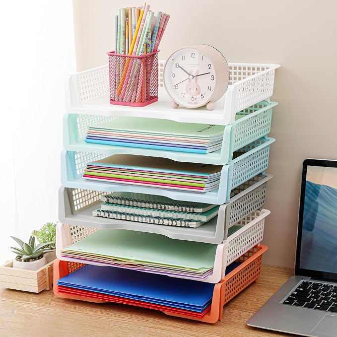 Teenyyou Set of 12 Colorful Turn in Trays Classroom Plastic Stackable Paper Tray Classroom Teachers Desk Organizer Bin for Office Home Teachers Organization and Storage, 9 x 13 x 3 Inches(Boho) - Image 6