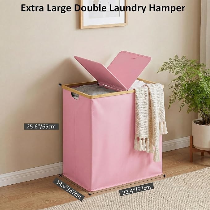 efluky Laundry Hamper with Lid, Double Laundry Basket with 2 Removable Bags, 2 Section Laundry Bin with Bamboo Handles for Bathroom, Bedroom & Laundry Room, 140L (36.9 Gallon) Pink - Image 3