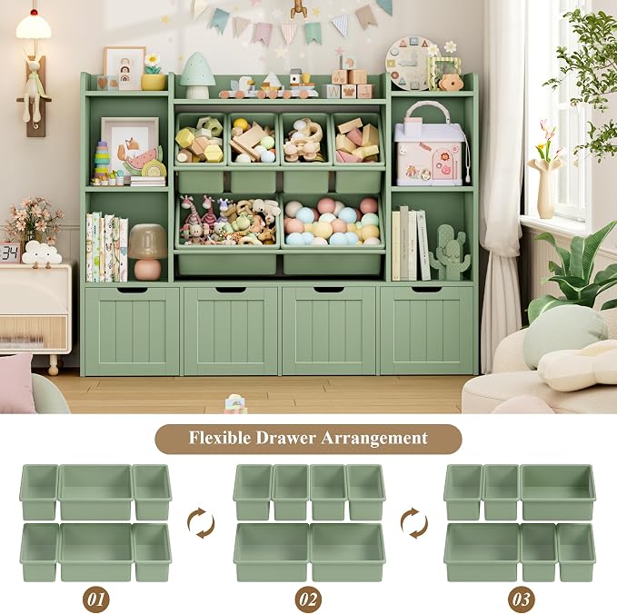 Toy Storage Organizer with Movable Drawer Toy Organizer for Kids | Large Toy Organizers and Storage with 6 Storage Cubbies, Kids Toy Storage and Toy Chest for Playroom and Kids Room, Green - Image 3