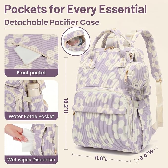 Baby Diaper Bag Backpacks for Mom Dad, Corduroy Large Capacity Multifunction Nappy Bag with Pacifier Case, Baby Travel Essentials Diaper Backpack for Boys Girls - Large Flowers Purple - Image 4