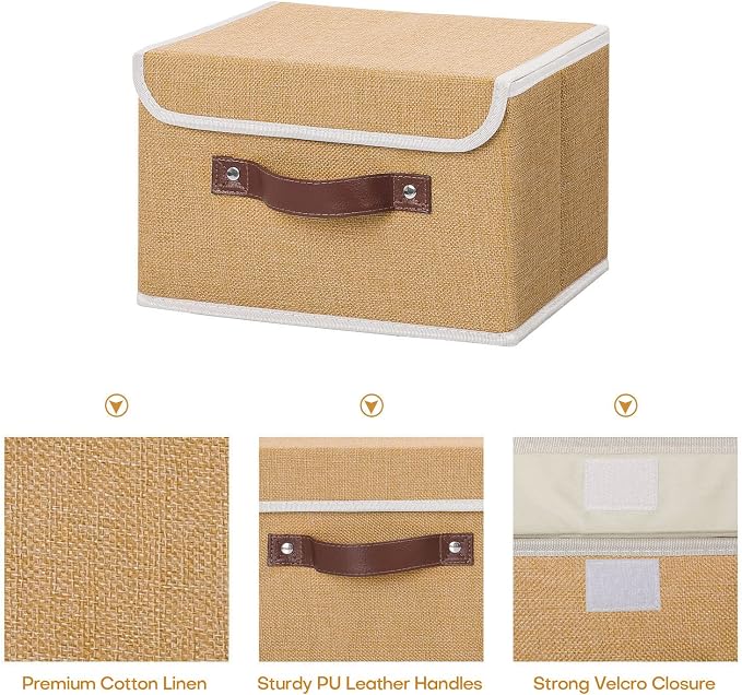 ANMINY Fabric Storage Box Bins with Lids, Khaki, 10"x8"x7", 4 Pack | Keepsake Memory Storage, Cotton Linen, PP Board Reinforced, Washable, PU Handles, Foldable & Stackable, Decorative, Small - Image 3