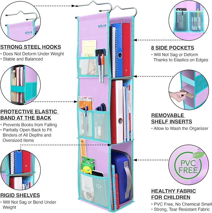 ABRA® 3 Shelf Hanging Locker Organizer for School, Gym, Work, Storage | Deep Shelves 6”x 9”| Eco-Friendly Fabric Healthy for Children | Adjustable School Locker Shelf 3 to 2 (Calm Lavender/Turquoise) - Image 4