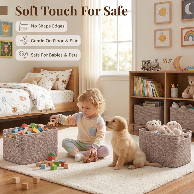 OIASKET 4Packs Natural Cotton Rope Storage Baskets for Organizing Toys, Clothes, Towels & Books, Soft Versatile Organizers for Shelves, Home Decorative Bins, 13''Lx9''Wx7.8''H, Linen Brown - Image 4
