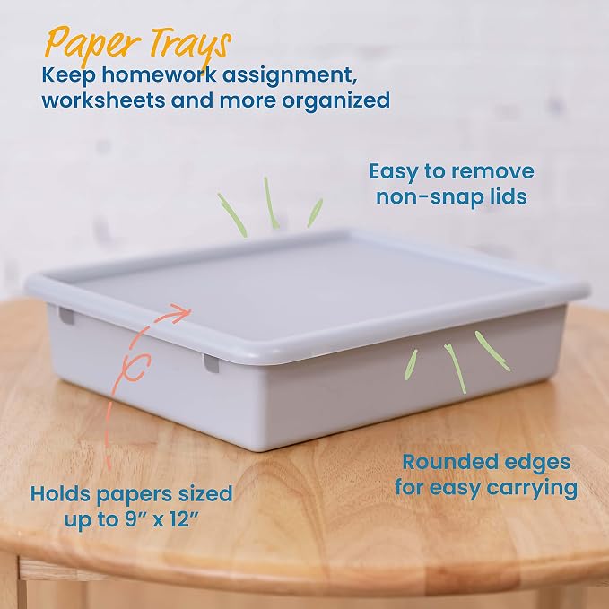 ECR4Kids Letter Size Plastic Tray Organizer with Lids, Small, Storage Bins, Light Grey, 10-Piece | Durable plastic, GREENGUARD Gold Certified, 2 gallon capacity, stackable/nestable, easy-lift lids, classroom & home use - Image 3