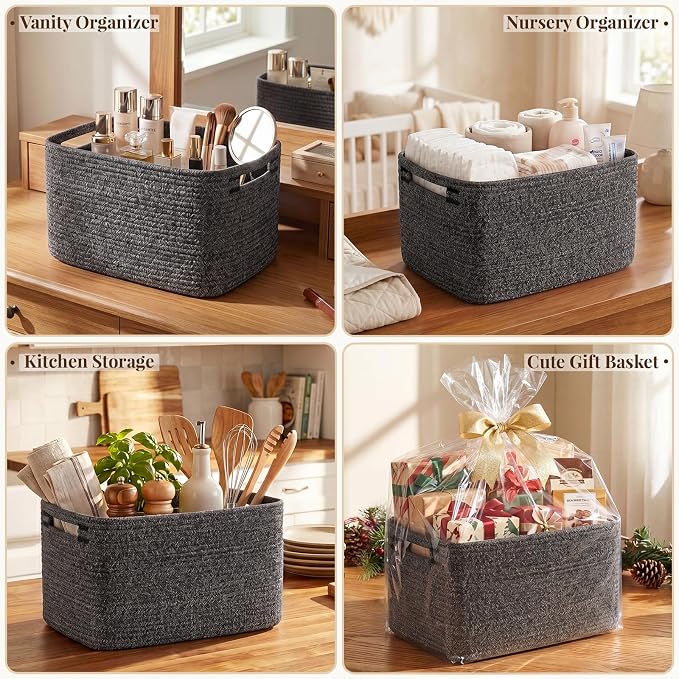 OIASKET 4Packs Natural Cotton Rope Storage Baskets for Organizing Toys, Clothes, Towels & Books, Soft Versatile Organizers for Shelves, Home Decorative Bins, 13''Lx9''Wx7.8''H, Black and White - Image 7