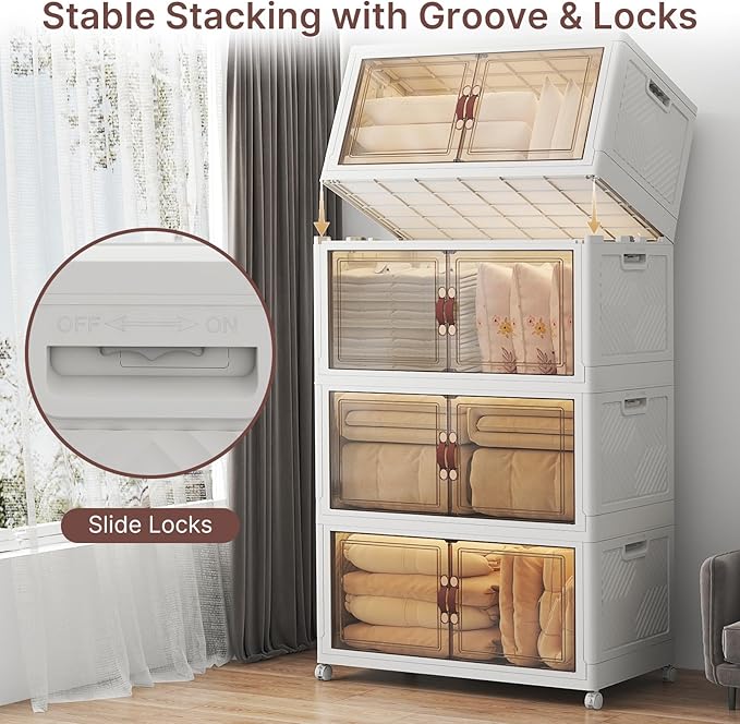 Stackable Storage Bins with Lids, 720QT Lockable Storage Cabinet | Folding Storage Box with Doors and Wheels, Collapsible Plastic Drawers for Home, Garage, Office - Image 3