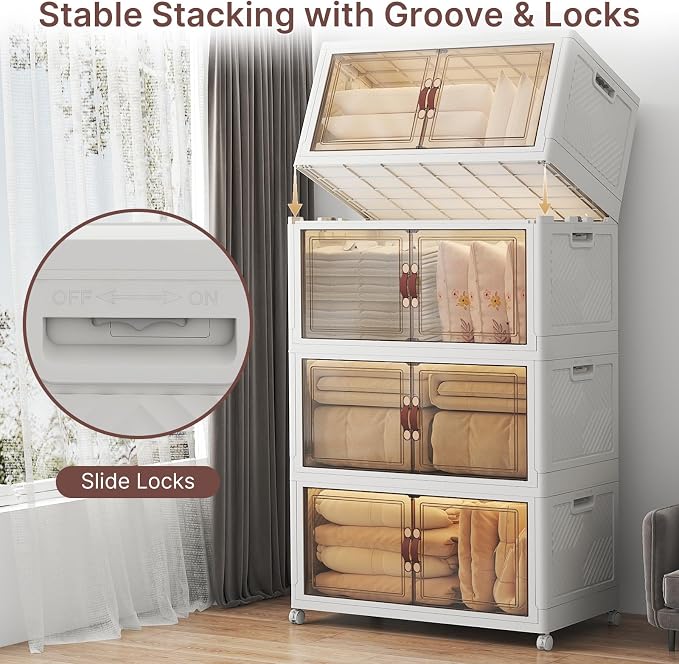 Stackable Storage Bins with Lids, 720QT Lockable Storage Cabinet | Folding Storage Box with Doors and Wheels, Collapsible Plastic Drawers for Home, Garage, Office - Image 3