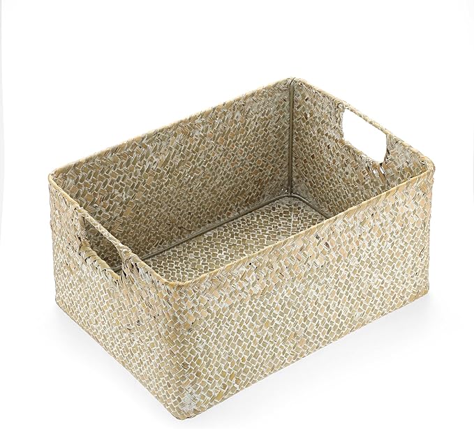 Hipiwe Seagrass Storage Basket Bin Rectangular Handwoven Wicker Storage Box with Handle Opened Baskets for Shelf Organizing Closet Bathroom, 13.3 x 9.8 x 6.7 Inch - Image 8