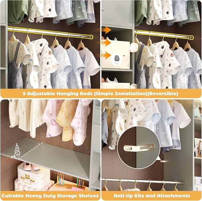 Closet System - 4.75-8FT Closet Organizer System with Wooden Drawers & Cube Storage Organizer, Up To 96" Closet Systems for Nursery & Walk-In Closets with Cuttable Hanging Shelving, Crab Green - Image 6