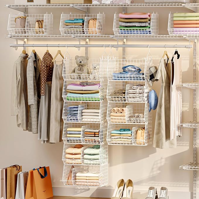 6 Tier Extra Large Hanging Closet Organizer, Closet Storage Hanging with Dividers, Wire Closet Shelf with 5 S Hooks 4 Dividers,Sweater Handbag Hat Accessory Storage Hanger,White - Image 2
