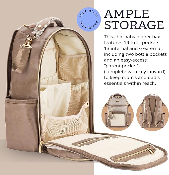 Itzy Ritzy Boss Plus Diaper Bag Backpack with 19 Pockets (Vanilla Latte) | Large Diaper Bag Backpack Includes 2 Insulated Bottle Pockets, Changing Pad, Stroller Clips, Padded Straps, Travel-Ready - Image 4