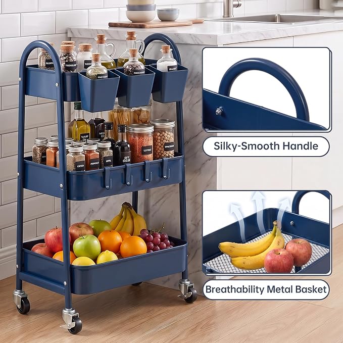danpinera 3-Tier Rolling Cart, Utility Cart Mobile Metal Rolling Storage Cart with Lockable Wheels & Hanging Cups & Hooks for Kitchen, Bathroom, Office, Workshop, Dark Blue - Image 3